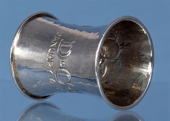 An Edwardian Arts & Crafts planished silver waisted napkin ring, by Omar Ramsden & Alwyn Carr, Height 55mm weight 1oz/33grms